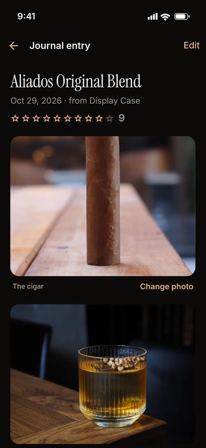 A journal entry rated nine stars out of ten, with a photo of the cigar's leaf and one of the evening