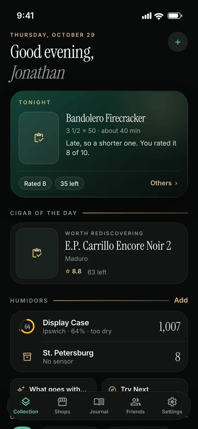 The Concierge home screen: a greeting, tonight's suggestion and a cigar of the day worth rediscovering