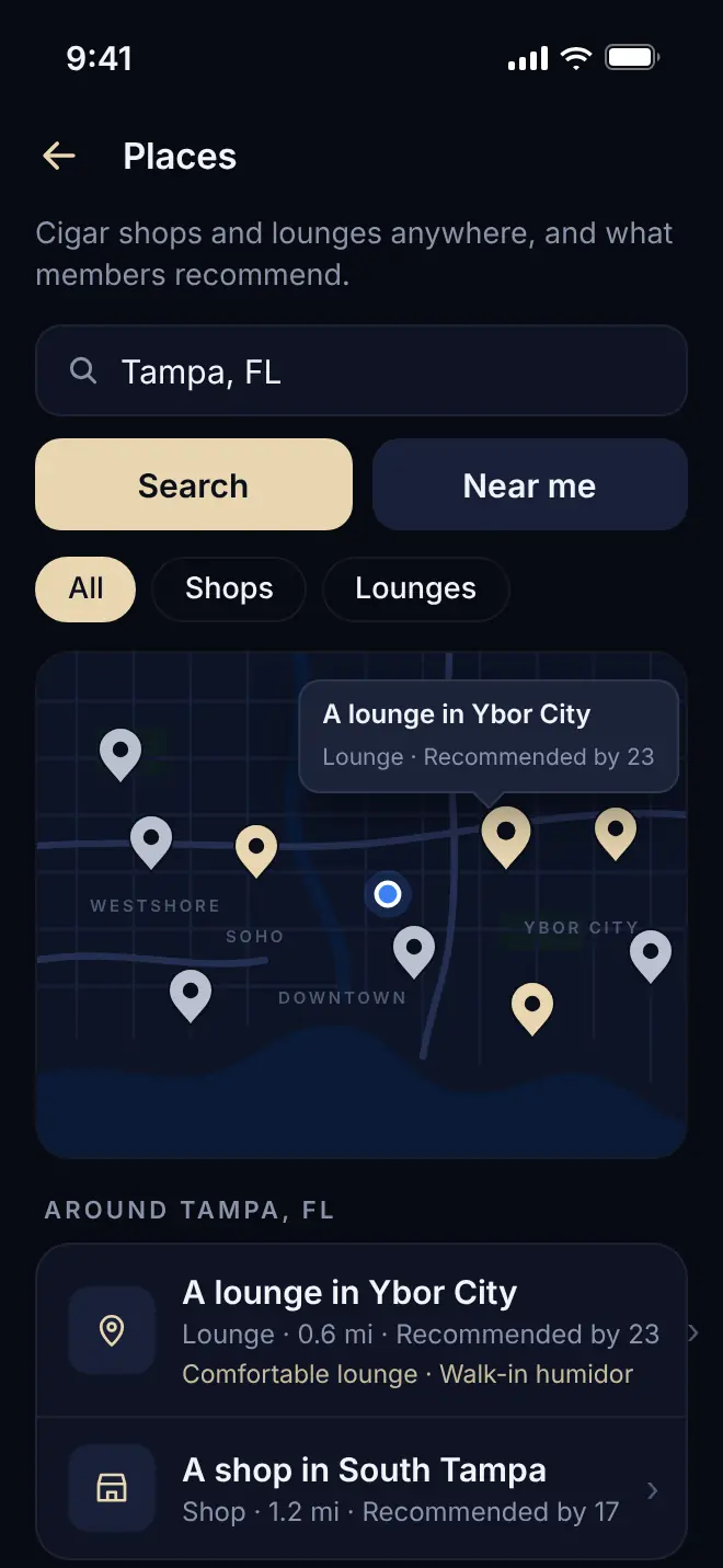Places: a map of cigar shops and lounges around Tampa, with the one members recommend most first